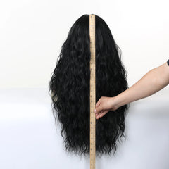 Synthetic Fiber Wig African Curly Super Wave Pure Black Elastic Cap Bangs Dark Long Heat-Resistant Loose Wave Style