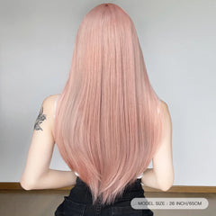 High-Grade Fiber Synthetic Wig Long and Loose Straight Pink Hair Elastic Breathable Cap with Rose Mesh Real Photo