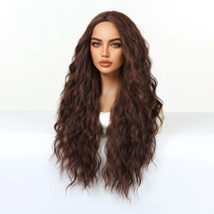 Synthetic Future Fiber Long Deep Brown African Curl Super Wave Heat Resistant Elastic Cap Natural Loose Wave Wig