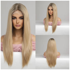 Japan Synthetic T-part Lace Wigs Long Wavy Mixed Ombre Brown to Black Wig Fashion Part Natural Hair Wig for Women