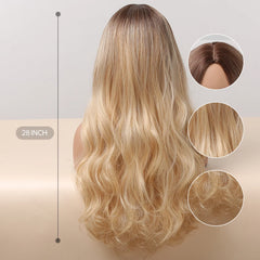MOQ1 Long Light Golden Body Wave Synthetic Wigs Middle Part Blonde Curly Wig High Quality Soft Hair
