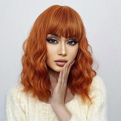 Orange Synthetic Wigs Short BoBo Deep Curly Wig with Bangs for Women Cosplay Daily Party Lolita Hair