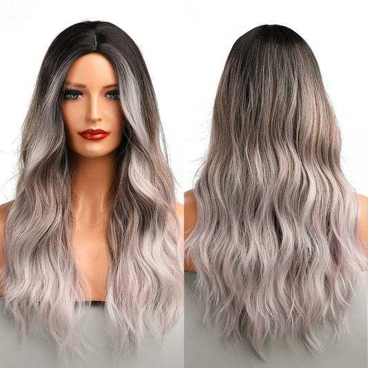 Wigs natural hair wig Ombre Grey to White Long Hair Daily Natural Wavy Heat Resistant Fiber for wig vendors