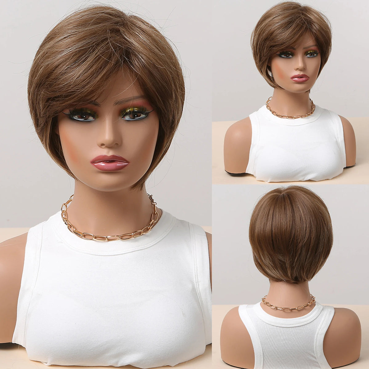 Light Brown Ombre White Short Elf bob Synthetic Wig with Natural Layer High Temperature Fiber Male and Female Style Real Photo