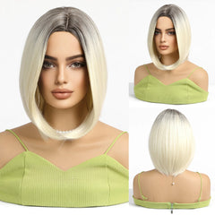 Blonde Ombre Mixed Short Bob Synthetic Wig with Layering and No Bangs Heat Resistant Fiber Women's Style Real Photo
