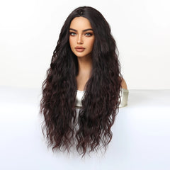 Synthetic Future Fiber Long Red-Brown for Ombre Mixed Stripes Wig Elastic Cap Natural Loose Wavy No Bangs Water Wave Style
