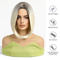 Blonde Ombre Mixed Short Bob Synthetic Wig with Layering and No Bangs Heat Resistant Fiber Women's Style Real Photo