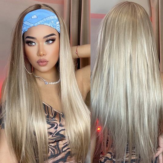 Long Blonde Brown Ombre Straight Hair Wig Synthetic Wig Headband Wig Heat-resistant Breathable Cap Real Photo
