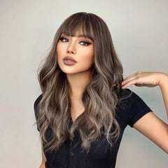 Wigs Wholesale Ash Brown Wave Synthetic Wigs With Bangs Long Brown Highlight Curly Wig Mixed Brown Heat Resistant False Hair