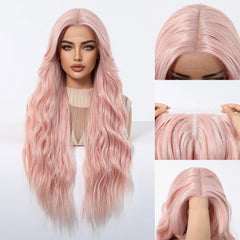 Natural Pink Synthetic Fiber Lace Wig with Long Curly Body Wave Soft Breathable Closed Cap Real-Life Photo of Loose Waves