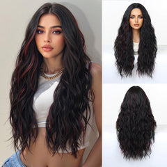 Synthetic Fiber Wig Natural Wave African Curly Super Wave Black Wig Red Striped Elastic Cap Bangs Long Heat-Resistant