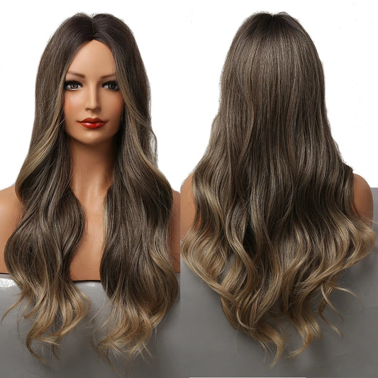 Wigs Synthetic Wig Ombre Blonde Brown Long Wigs Middle Part Hair Daily Natural Wavy Heat Resistant Fiber