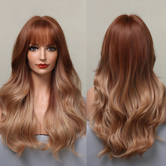 Red Brown Layered Gradient Long Synthetic Wig With Bangs Wave Wig Curly Natural Wig Durable Smooth Real Photos