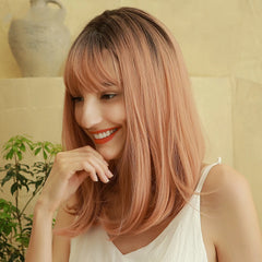 OEM/ODM Dark brown amber Pink Medium straight hair with bangs natural women's wig role play / daily synthetic hair
