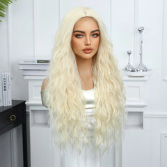 Synthetic Fiber Long Curly Wig with Elastic Cap Natural Blonde Loose Waves No Bangs Sea Wave Style Heat-resistant Wig