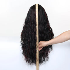 Synthetic Fiber Wig Natural Wave African Curly Super Wave Black Wig Red Striped Elastic Cap Bangs Long Heat-Resistant