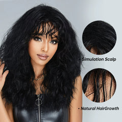 Price Black Wigs Afro Curly Medium Length Synthetic Wig with Bangs Natural Hair Kinky Curly Hairs