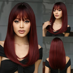 Fast Delivery Long Burgundy Straight Synthetic Heat Resistant Wigs with Bangs Ombre Wine Red Wig for Women Afro
