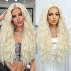 Synthetic Fiber Long Curly Wig with Elastic Cap Natural Blonde Loose Waves No Bangs Sea Wave Style Heat-resistant Wig