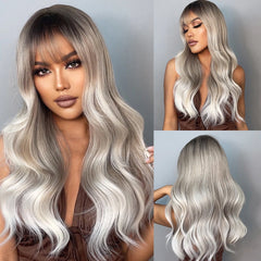 Ombre Ash Brown Blonde Synthetic Wigs with Bangs Long Natural Wave Wigs for Women Cosplay Daily Party Heat Resistant