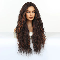 Synthetic Future Fiber Long Brown Mixed Red Stripes Wig with Elastic Cap Natural Loose Wavy No Bangs Organic Capless Wigs