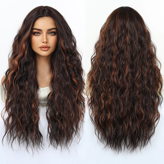 Synthetic Future Fiber Long Brown Mixed Red Stripes Wig with Elastic Cap Natural Loose Wavy No Bangs Organic Capless Wigs