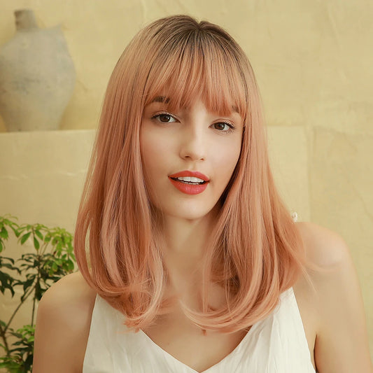 OEM/ODM Dark brown amber Pink Medium straight hair with bangs natural women's wig role play / daily synthetic hair