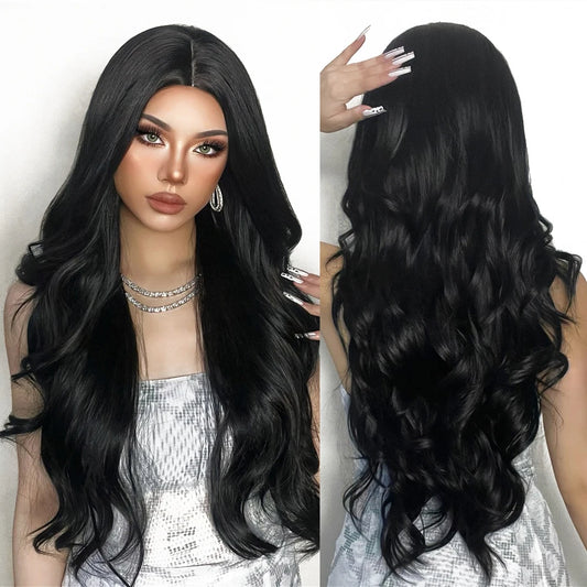 MOQ1 Long Black Body Wave Synthetic Hair Wig Middle Parting Black Natural Curly Wig for Women Heat Resistant