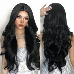 MOQ1 Long Black Body Wave Synthetic Hair Wig Middle Parting Black Natural Curly Wig for Women Heat Resistant