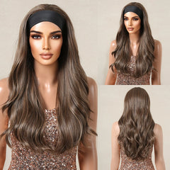 Headband Wig Pure Black Long Wavy Curly Synthetic Wig Heat-resistant Clip Soft Elastic Cap Real Photo