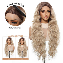 Mixed for Ombre Blonde Curly Brown Heat-Resistant Future Fiber Soft Breathable Closed Cap Lace Wig Natural Loose Wave Real Photo