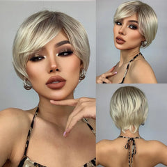 Real Photo Blonde Ombre White Short Pixie Bob Synthetic Wig with Natural Layering and Bangs Suitable for Both Men and Women