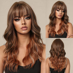 Copper Red Brown Synthetic Wigs Long Curly Wave Auburn Wigs with Bangs for Cosplay Daily Natural
