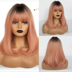 OEM/ODM Dark brown amber Pink Medium straight hair with bangs natural women's wig role play / daily synthetic hair