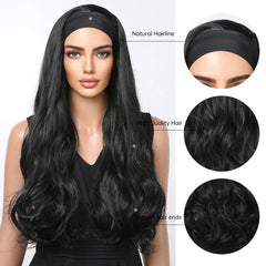 Headband Wig Pure Black Long Wavy Curly Synthetic Wig Heat-resistant Clip Soft Elastic Cap Real Photo