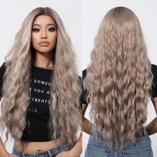 Futura Fiber 13x6 Lace Synthetic Wig Gray Blonde Mixed Color Long Curly Soft Natural Wave Body Wave Real Photo Video