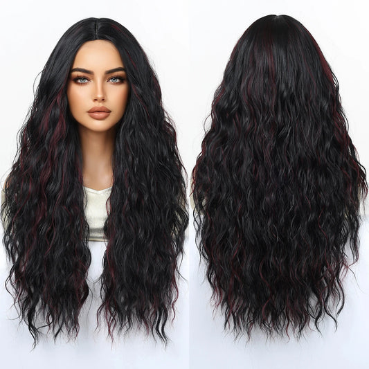 Synthetic Fiber Wig Natural Wave African Curly Super Wave Black Wig Red Striped Elastic Cap Bangs Long Heat-Resistant