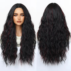 Synthetic Fiber Wig Natural Wave African Curly Super Wave Black Wig Red Striped Elastic Cap Bangs Long Heat-Resistant
