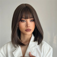 Outlet Synthetic Bob Short Hair with Bangs Straight Black Brown Natural Color Rose Net Wig Heat Resistant