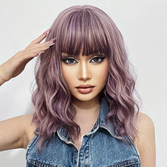 Purple Synthetic Wigs Short BoBo Deep Curly Wig with Bangs for Cosplay Daily Party Lolita Hair
