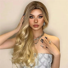 MOQ1 Long Light Golden Body Wave Synthetic Wigs Middle Part Blonde Curly Wig High Quality Soft Hair