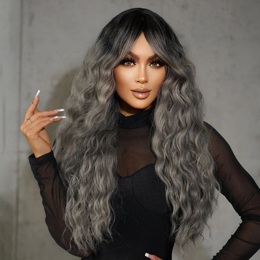 Wigs Wholesale Synthetic matte Deep Wave wig black hair roots gradient gray heat-resistant long curly hair