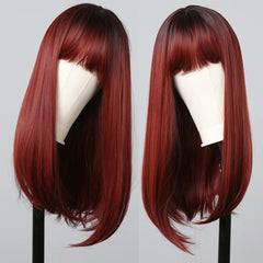 Fast Delivery Long Burgundy Straight Synthetic Heat Resistant Wigs with Bangs Ombre Wine Red Wig for Women Afro