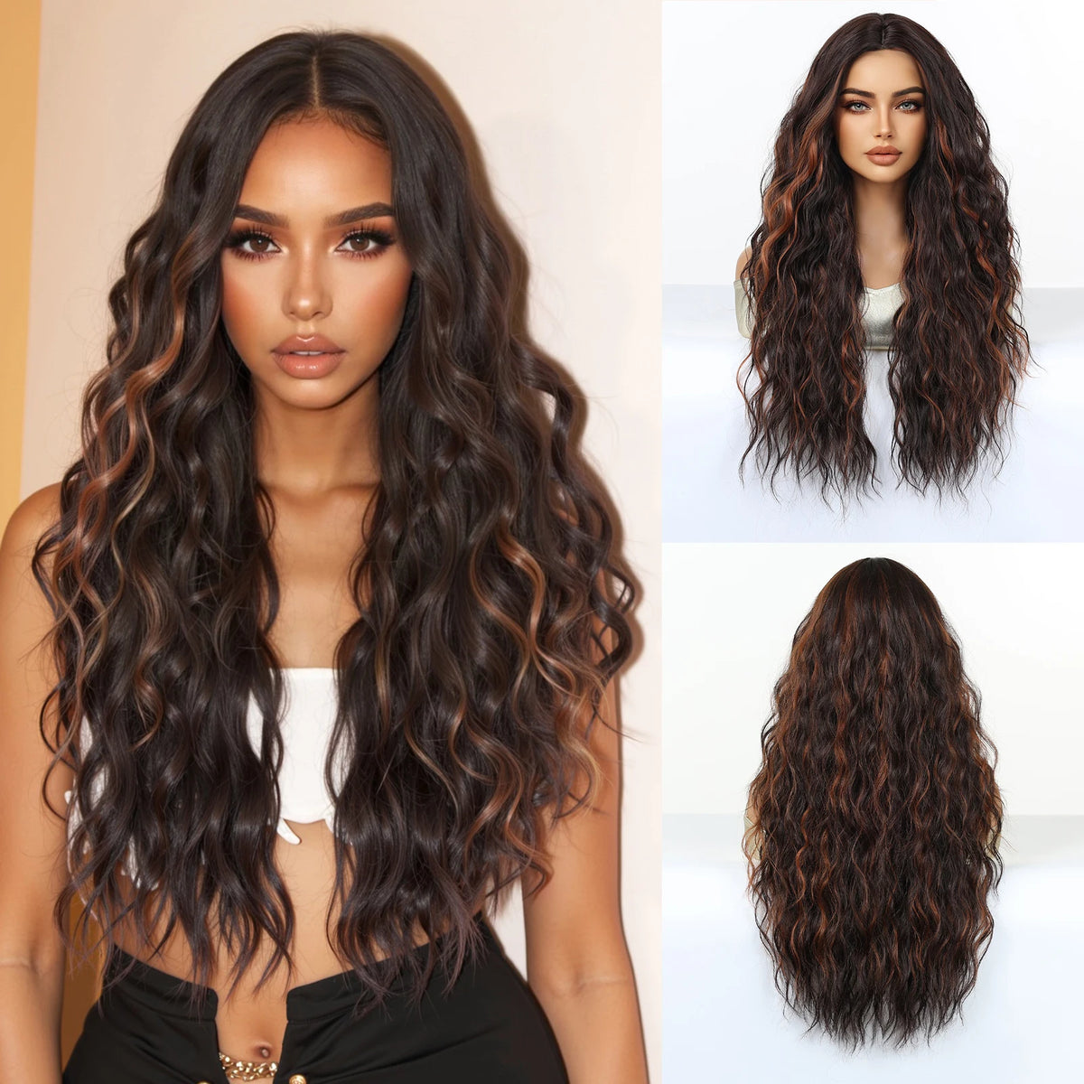 Synthetic Fiber Long Curly Wig with Elastic Cap Natural Blonde Loose Waves No Bangs Sea Wave Style Heat-resistant Wig
