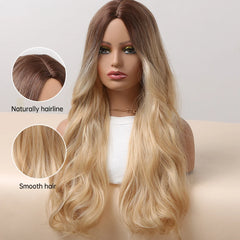 MOQ1 Long Light Golden Body Wave Synthetic Wigs Middle Part Blonde Curly Wig High Quality Soft Hair
