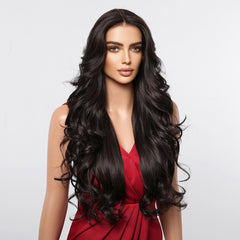 13*6 Large Area Lace Wig Synthetic Future Fiber Long Natural Layered Soft Wave Wig Color Mixing High Density Black Dark Brown