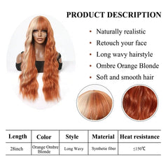 Curly Orange Copper Ginger Ombre Blonde Long Wavy Wigs with Bangs for Women Cosplay Christmas Wig