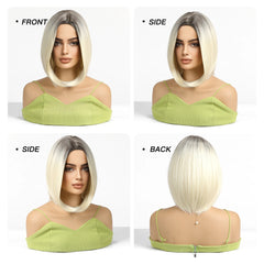 Blonde Ombre Mixed Short Bob Synthetic Wig with Layering and No Bangs Heat Resistant Fiber Women's Style Real Photo