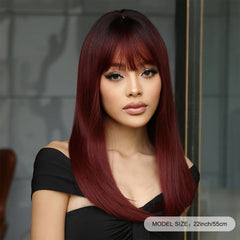 Fast Delivery Long Burgundy Straight Synthetic Heat Resistant Wigs with Bangs Ombre Wine Red Wig for Women Afro