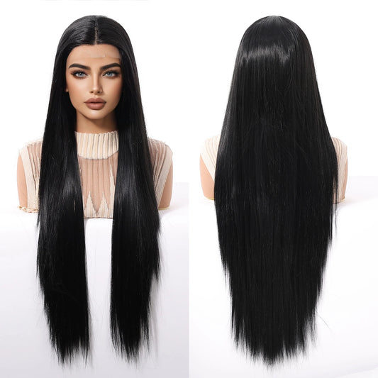 High Quality 32inch T-shaped Future Fiber Lace Front Wig Soft and Smooth Black Lace Wig Real Photo